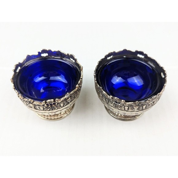 VTG 60's Raimond Silverplate Lot Of 2 Pcs Salt Cellars Cobalt Blue Glass Insert - Picture 2 of 8